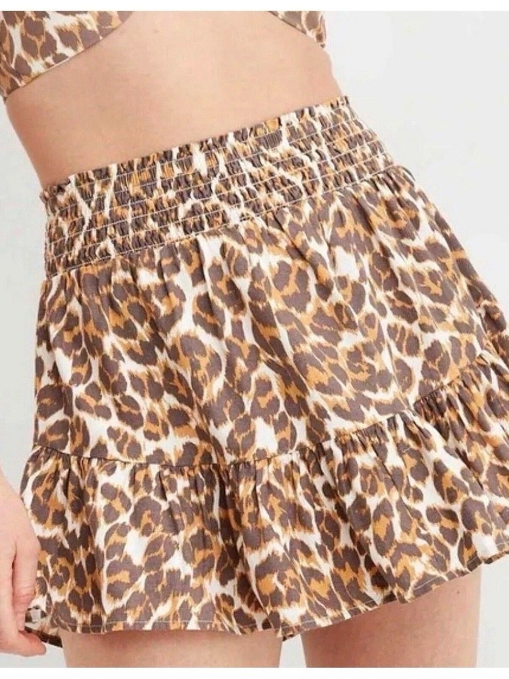 aerie Leopard Print Ruffle Mini Skirt - Brown/Gold